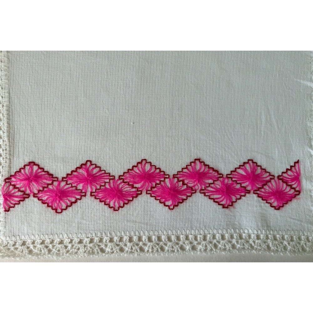 Handmade Mexican Embroidered Table Linen Crochet Lace Pink Floral 16.5x18.5 - Picture 4 of 7